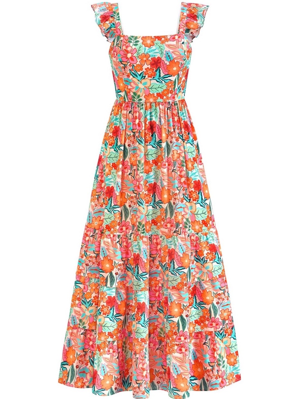 Floral Ruffle Strap Maxi Dress - Light Apricot Orange Flower